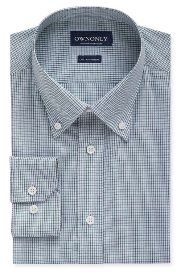 商务款绿底白色细方格衬衫