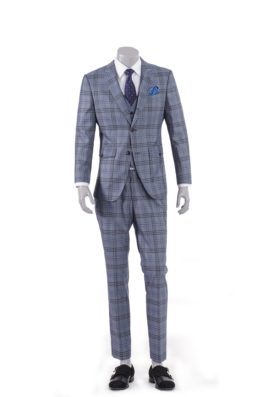 蓝灰格纹三件套